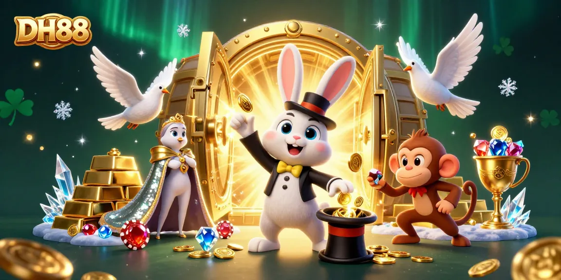 Experience thrilling wins with DH88's magical rabbit, coins, and gems in a vibrant casino scene.