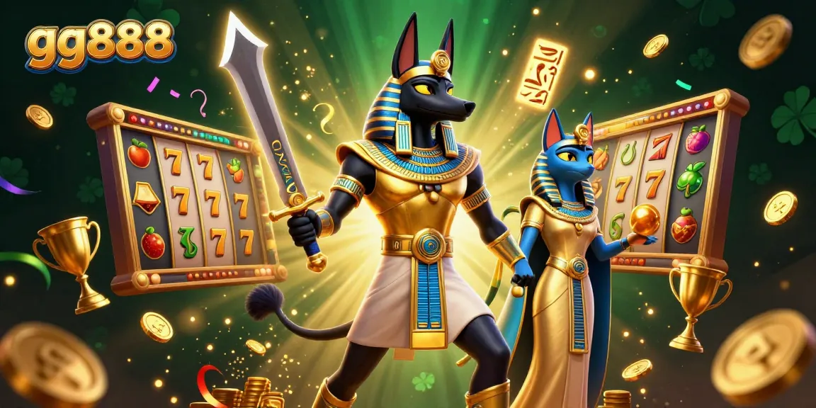 Experience the excitement of gg888 with Anubis and Bastet amidst vibrant slots and golden trophies.