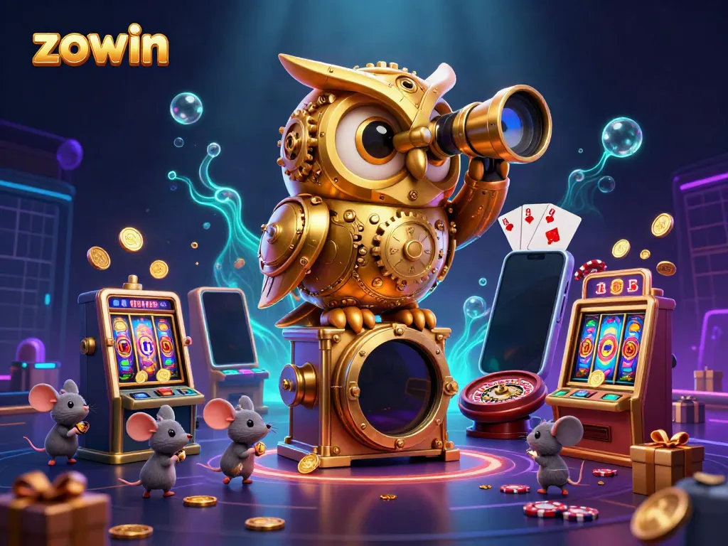 Zowin immersive casino scene featuring a golden owl and wind-up mice engaging with colorful slot games and poker elements.