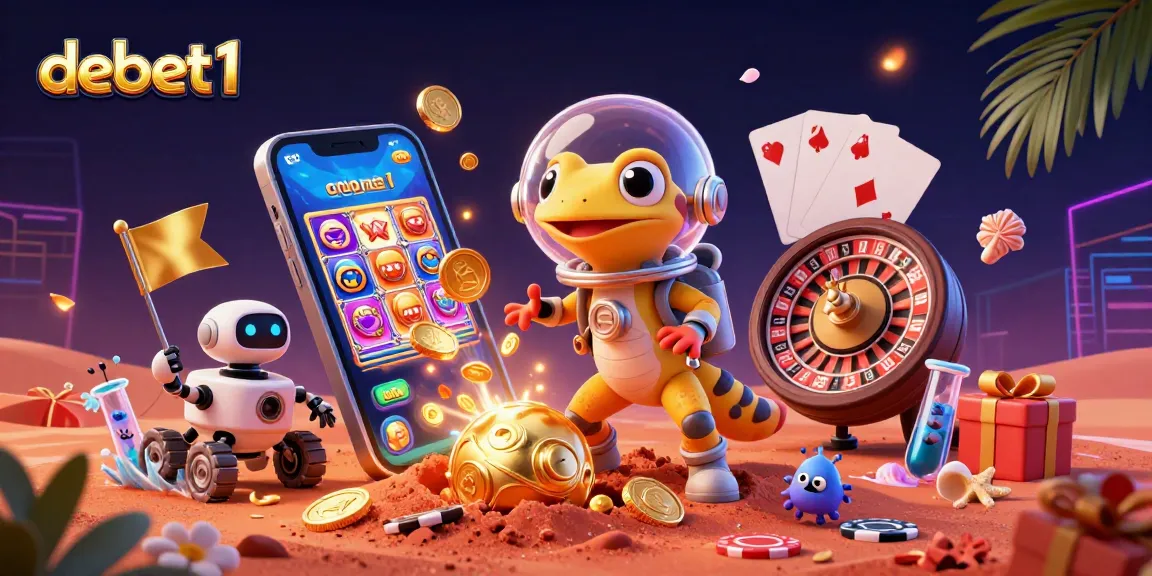 Debet1 showcases a cartoon gecko discovering a golden casino on Mars, exploding in vibrant gaming elements.