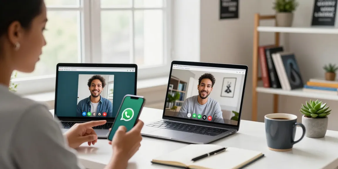 WhatsApp下載 on a smartphone during a video call in a vibrant workspace, showcasing connected communication.