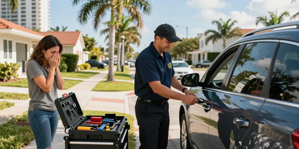 Efficient auto locksmith Fort Lauderdale unlocking a car door for a relieved homeowner in a sunny urban setting.