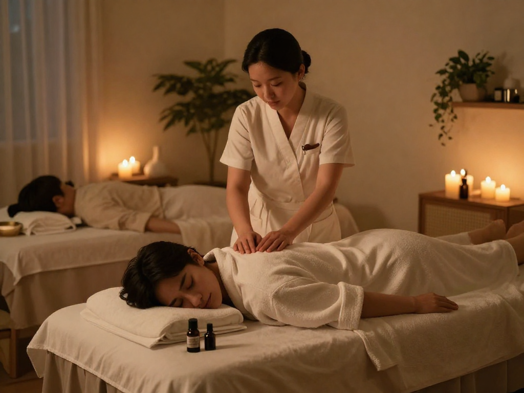 강남출장안마 service setup with therapist in a luxurious home environment, creating a calming and inviting atmosphere.