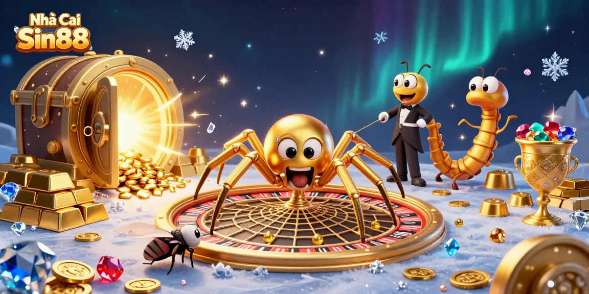 Engage with Nhà Cái Sin88 in this vivid casino scene featuring animated characters and rich gold elements.