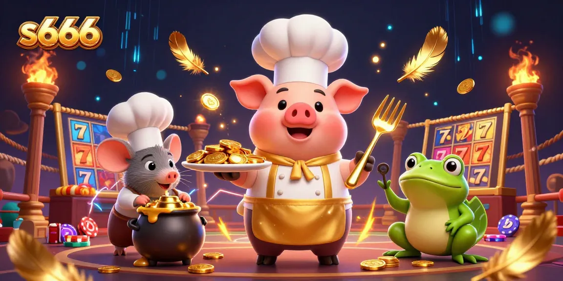 Engage in thrilling gaming action with s666 as chef pig serves golden coins amid vibrant betting elements.