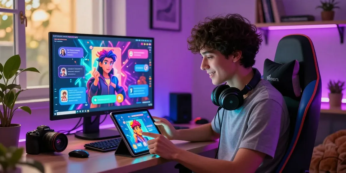 Engaging in an NSFW AI chat on a tablet in a vibrant digital setup.