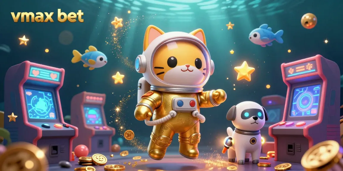 Engage in thrilling gameplay at vmax bet with an astronaut cat amidst vibrant casino elements and cosmic fish.