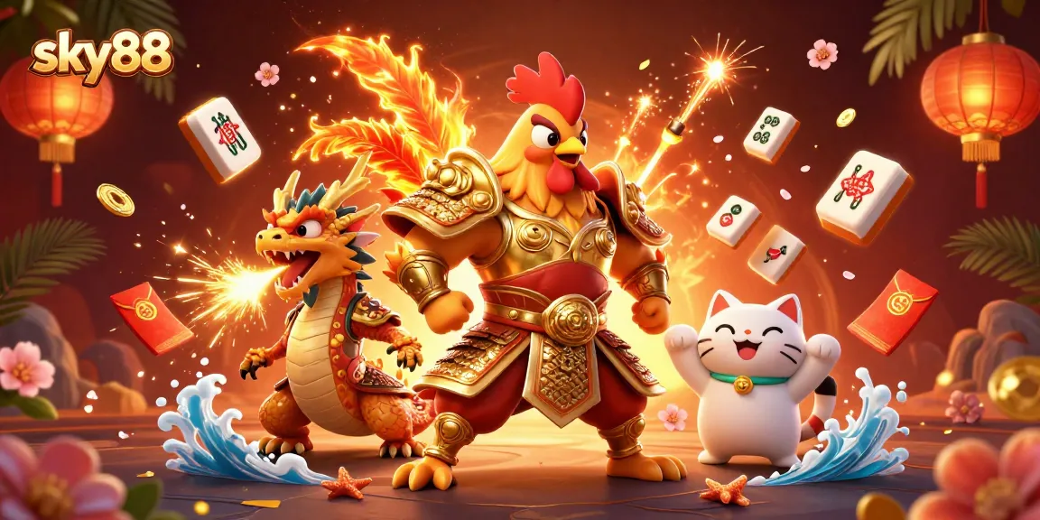 Engage with thrilling gameplay at sky88, featuring a stunning samurai rooster and dragon in an animated casino scene.