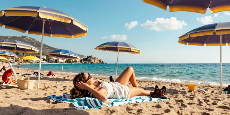 Antalya weather in October showcases a traveler relaxing on the beach under sunny skies and vibrant colors.