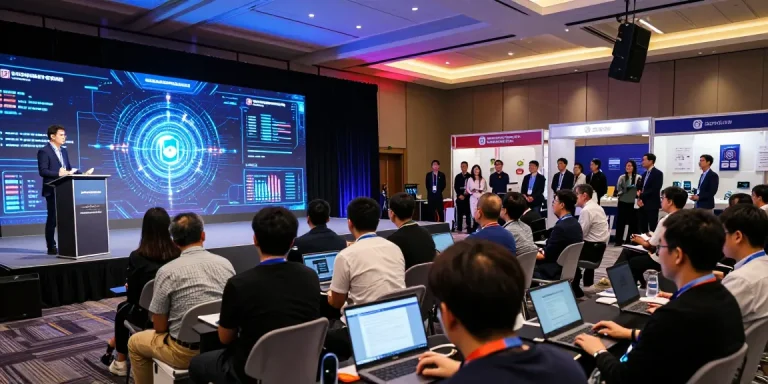 Blockchain 2026 conference scene with diverse audience engaging in discussions and listening to a keynote speaker.
