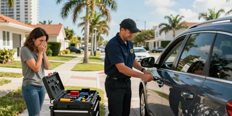 Efficient auto locksmith Fort Lauderdale unlocking a car door for a relieved homeowner in a sunny urban setting.
