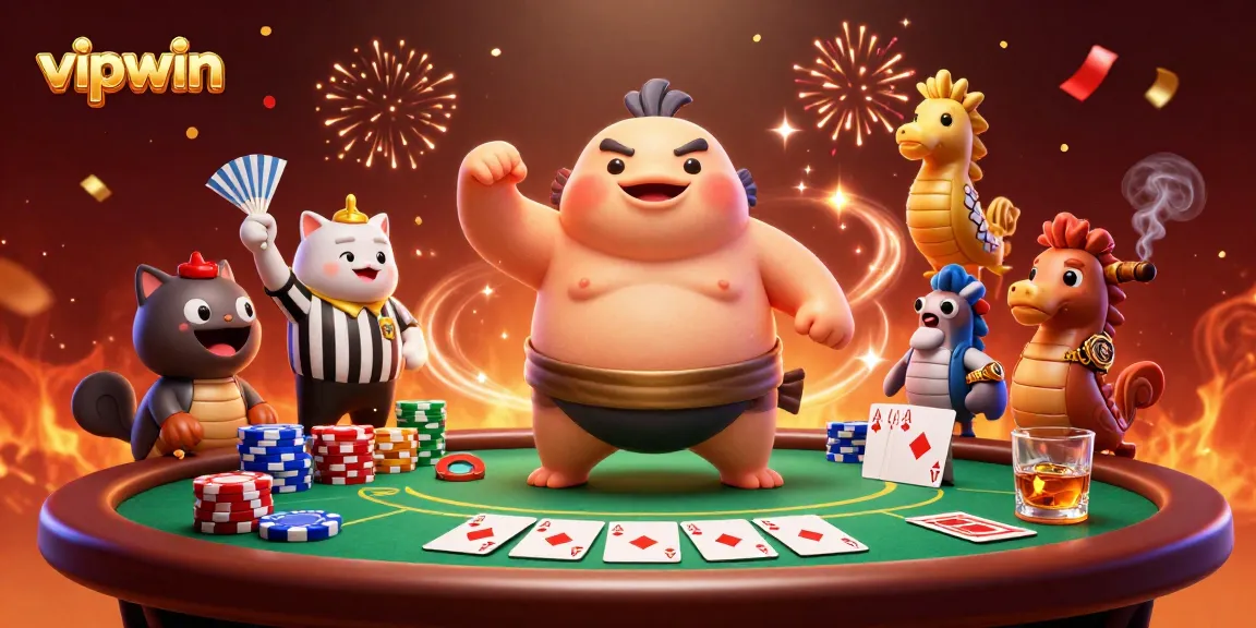 Join the excitement at vipwin with a vibrant underwater poker showdown featuring a fugu and lively sea creatures.
