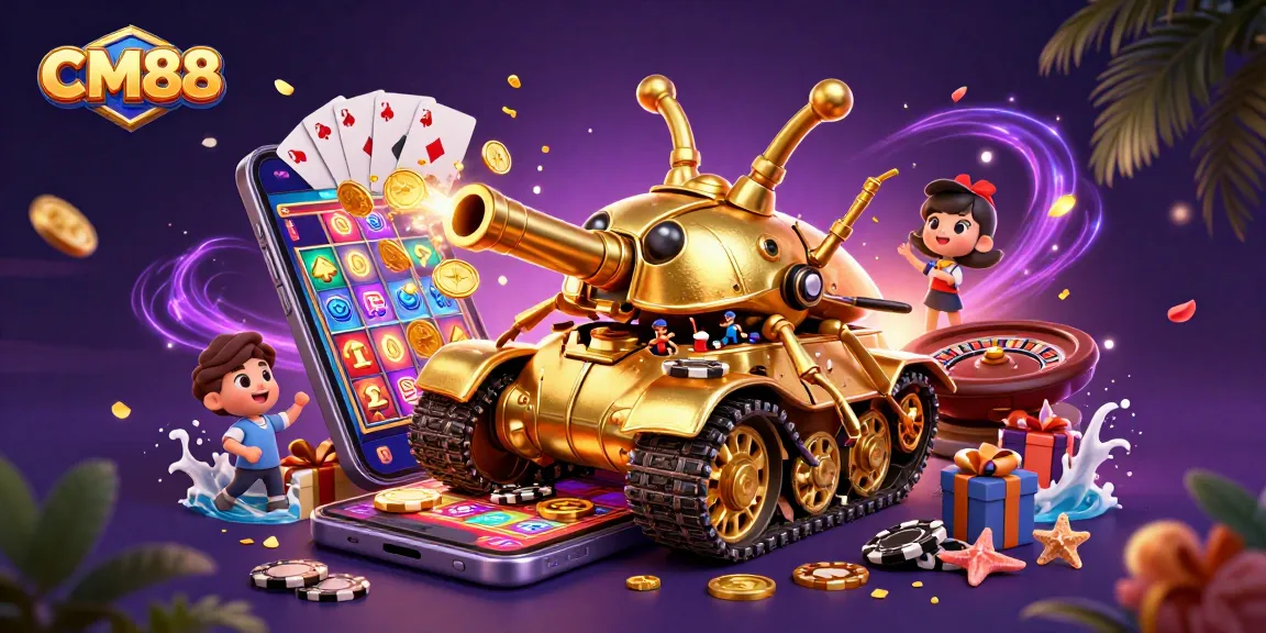 Experience the excitement with CM88's unique miniature casino scene, featuring a vibrant golden beetle tank and engaging gaming elements.