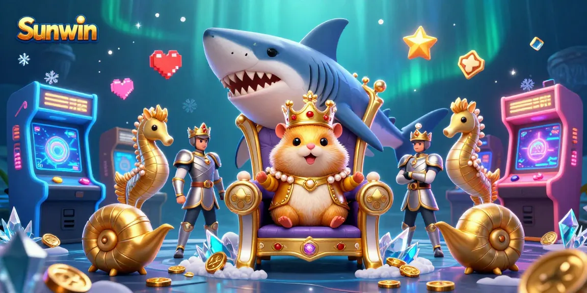 Experience the excitement of Sunwin with a vibrant underwater casino scene featuring a golden hamster king and seahorse guards.