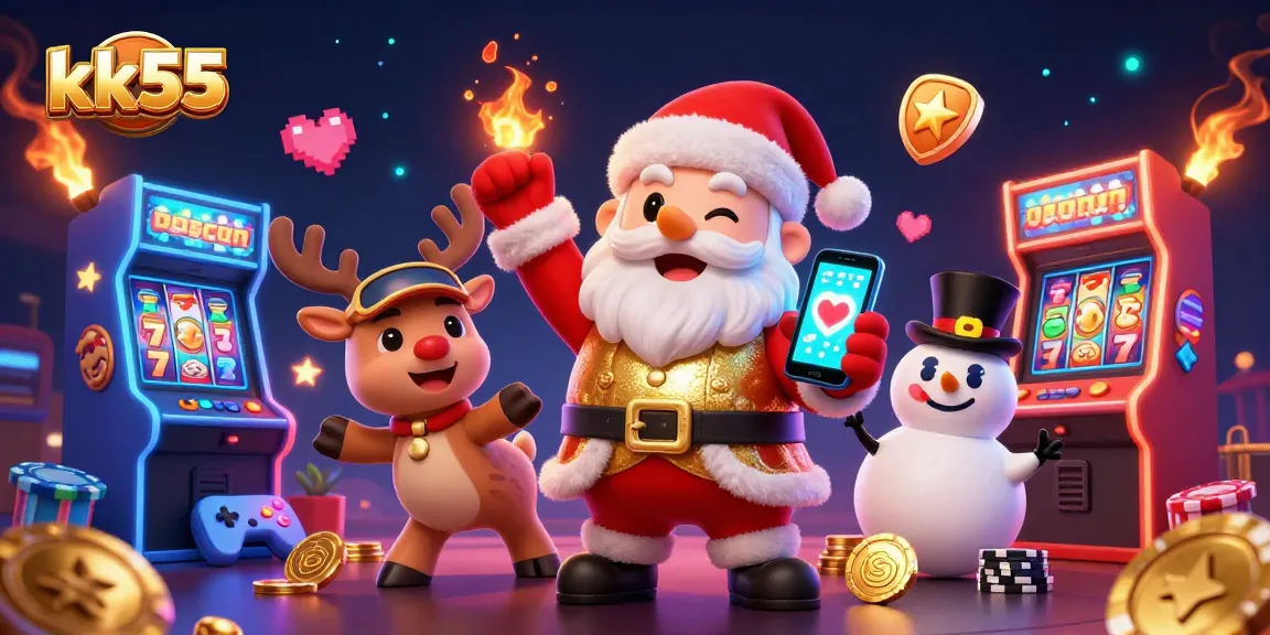 kk55 casino illustration with Santa, reindeer, and snowman celebrating jackpots.