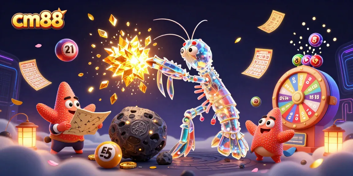 cm88 slots explode with golden gems as a vibrant mantis shrimp engages in exciting gameplay.
