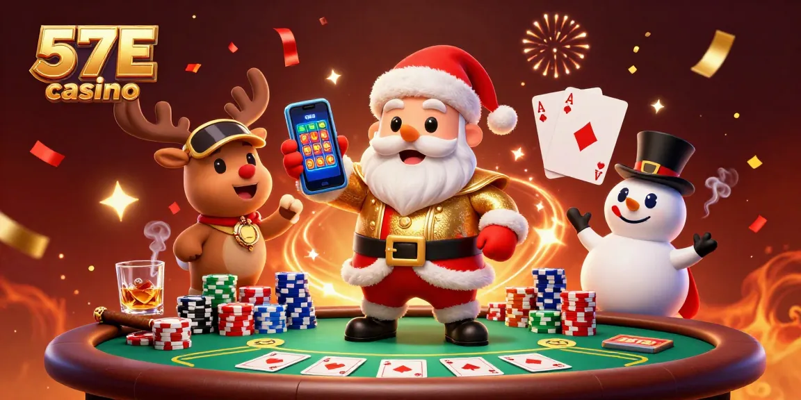 Experience thrilling gameplay at 57E casino with festive characters and vibrant casino elements.