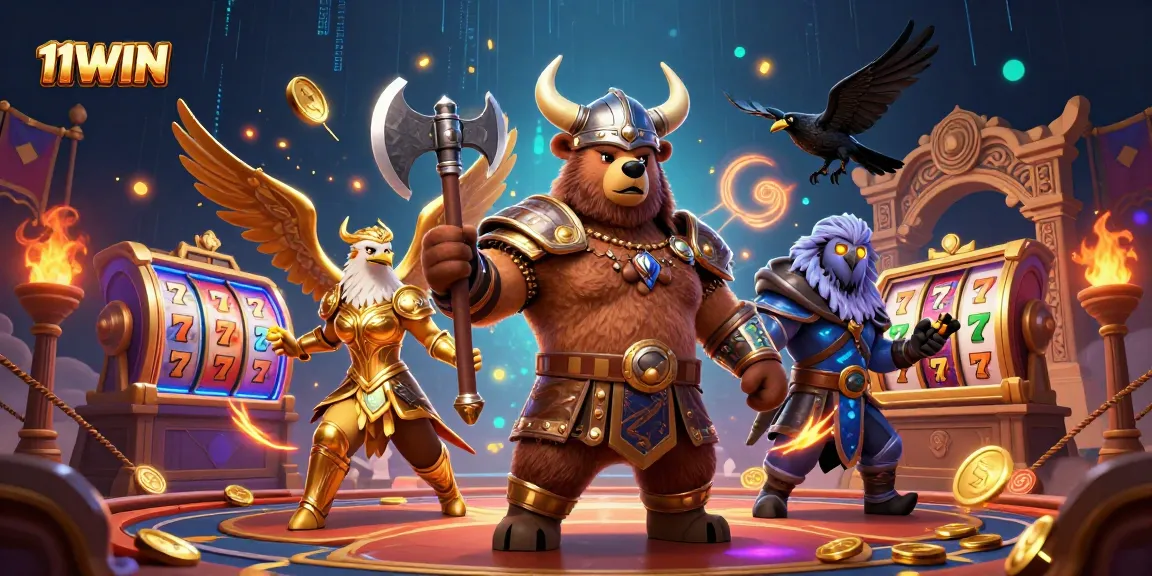 Experience action-packed gaming with 11WIN as a Viking bear and Valkyrie eagle engage in a thrilling casino adventure.