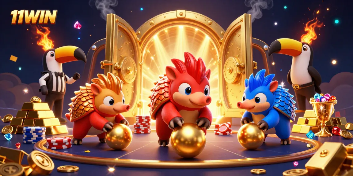 11WIN brings excitement as rival pangolins compete in a dynamic casino scene filled with treasures.