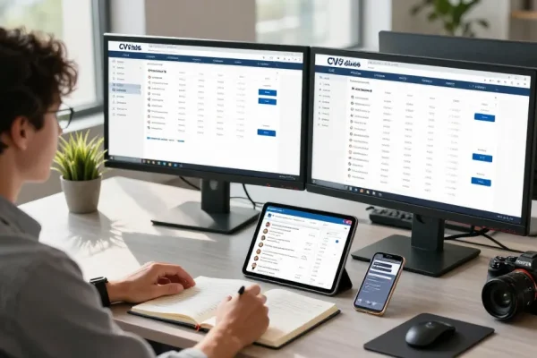 Person using top dumps shop on dual monitors in a modern office.
