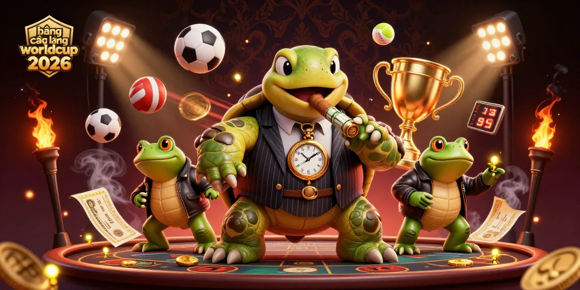 Bảng xếp hạng worldcup 2026 showcases an action-packed scene with a turtle mobster and bullfrog enforcers amidst casino elements.
