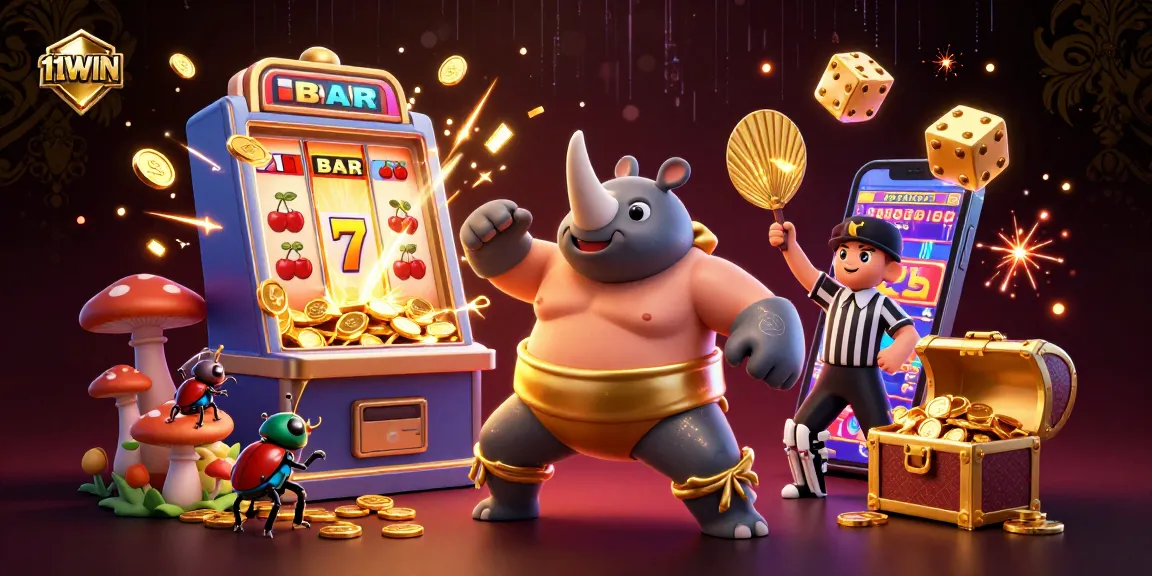 Experience the thrill of 11WIN with a vibrant 3D casino scene featuring a sumo champion and slot machine.